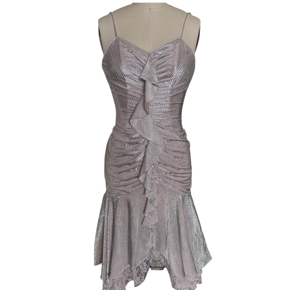 New Leaf Samir Dress Womens Pink Vintage Lurex Metallic Ruffle Lace
